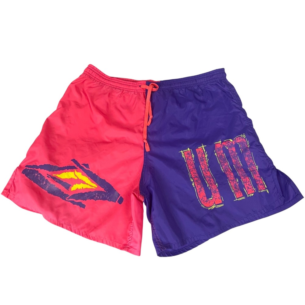 Vintage Umbro Neon Pink Purple Colorblock Nylon Soccer Shorts Mens Medium USA